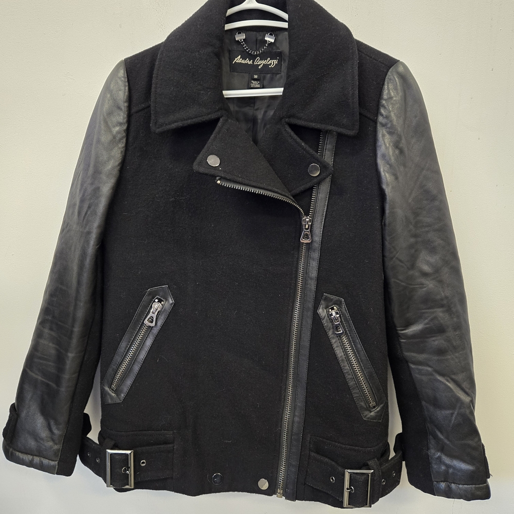 Classic Black Leather And Wool Jacket for Women - Picture 1 of 6
